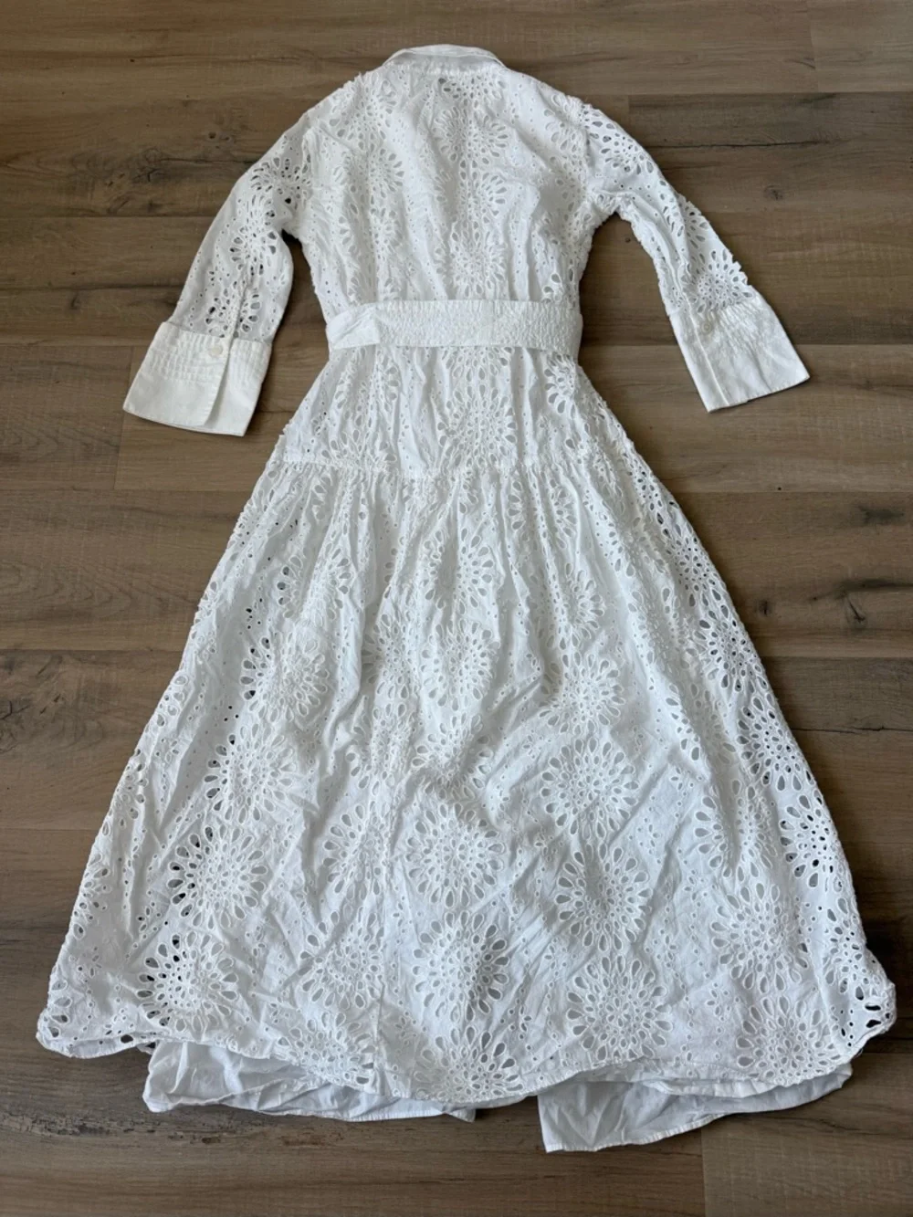 Zara Viral White Cotton Eyelet Embroidered Drop Waist Midi Shirt Dress - XS - Picture 8 of 10